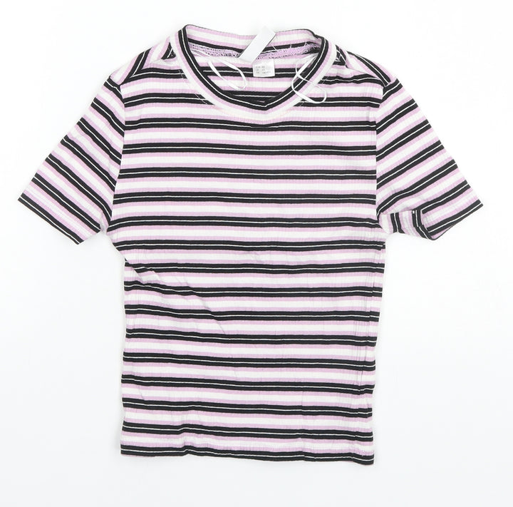 Divided Womens Pink Striped Cotton Basic T-Shirt Size XS Round Neck