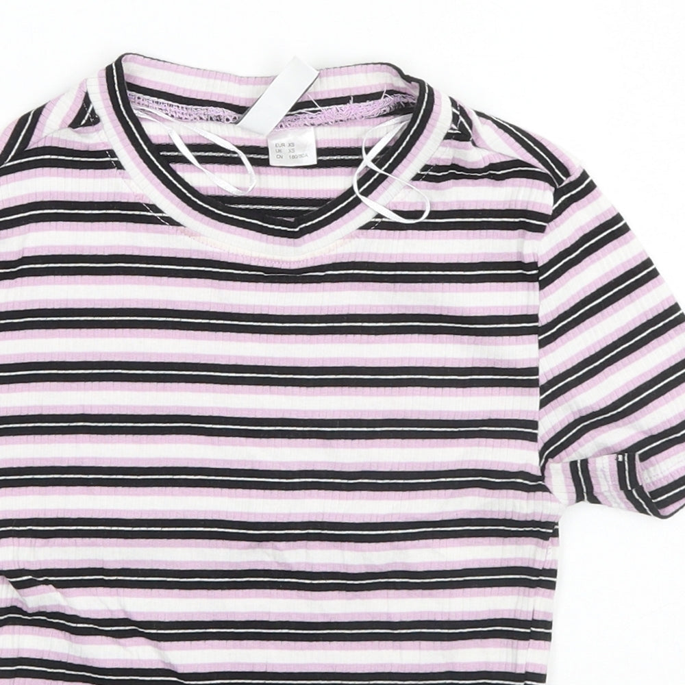Divided Womens Pink Striped Cotton Basic T-Shirt Size XS Round Neck