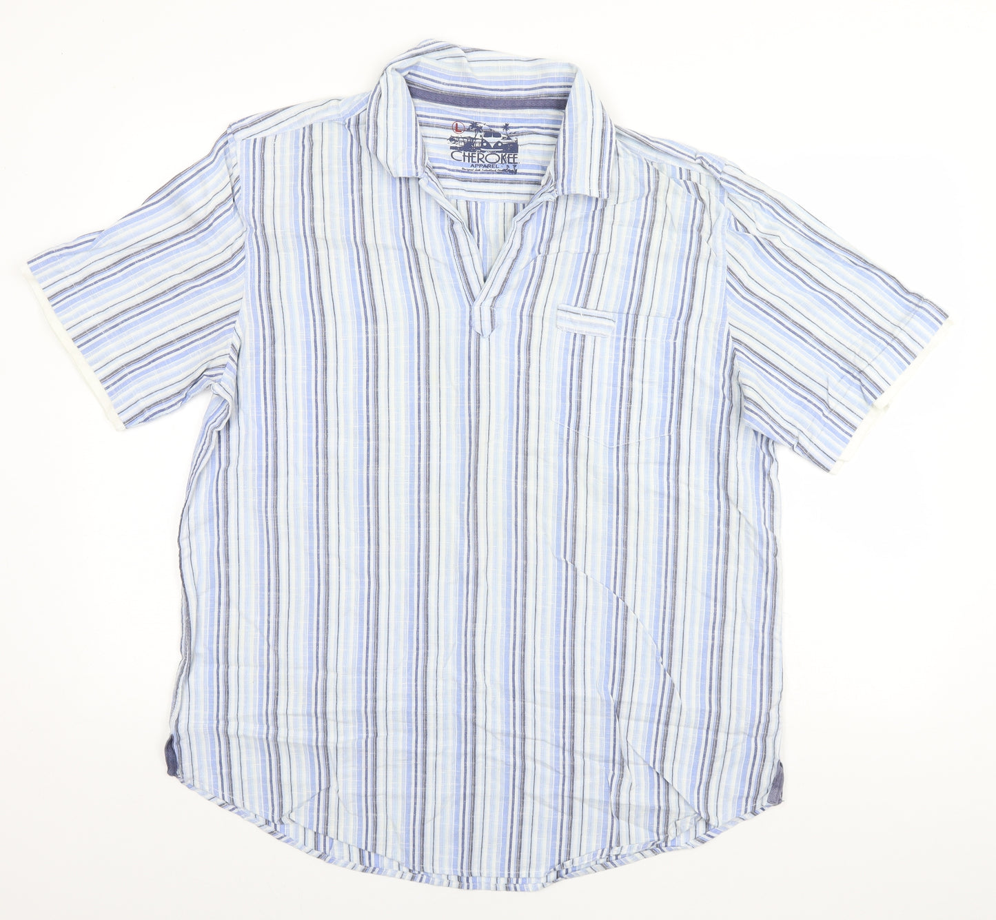 Cherokee Mens Blue Striped Cotton  T-Shirt Size L Collared