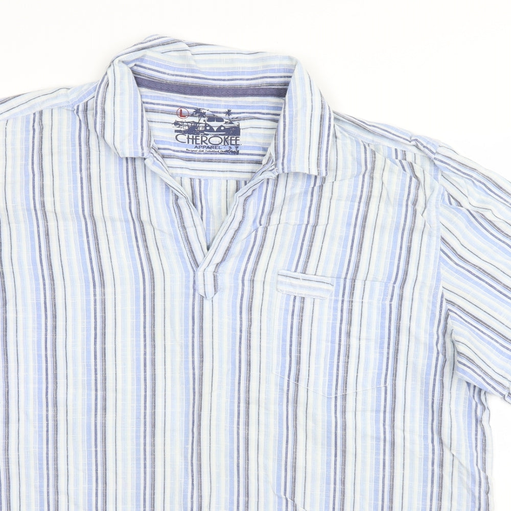 Cherokee Mens Blue Striped Cotton  T-Shirt Size L Collared