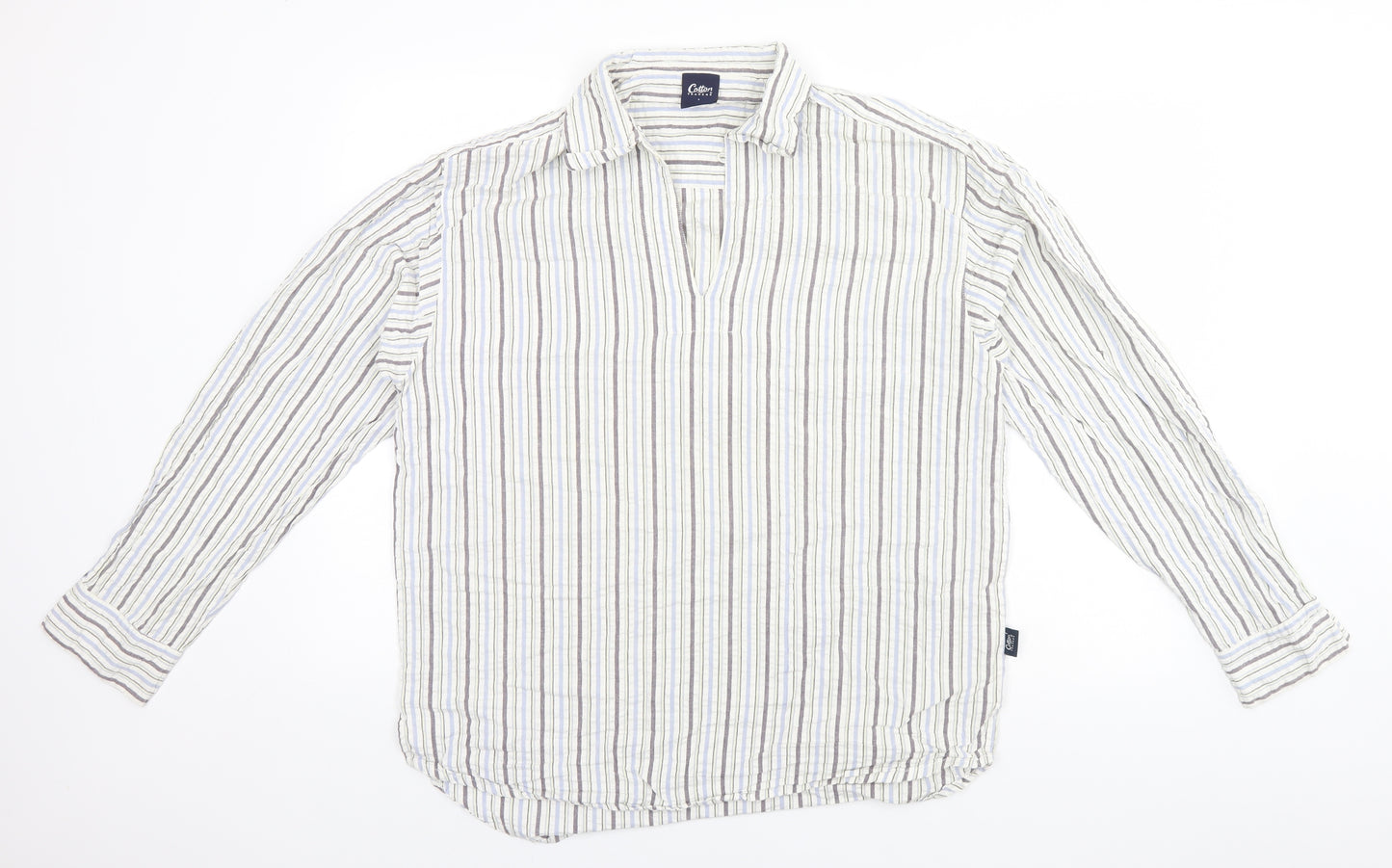 Cotton Traders Mens White Striped Cotton  T-Shirt Size L Collared
