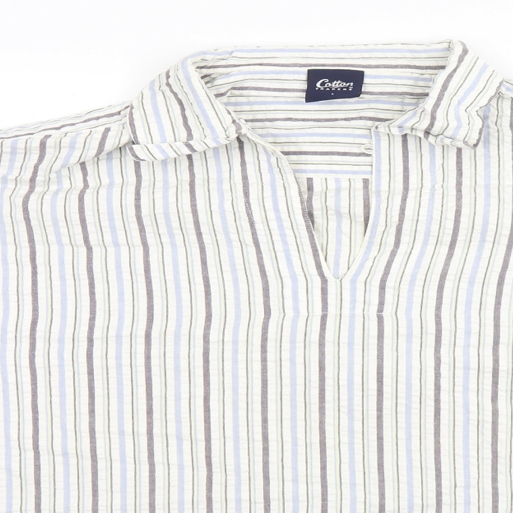 Cotton Traders Mens White Striped Cotton  T-Shirt Size L Collared