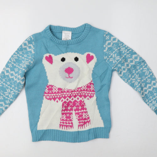 Lily & Dan Girls Blue Crew Neck Fair Isle Acrylic Pullover Jumper Size 5-6 Years   - Polar Bear