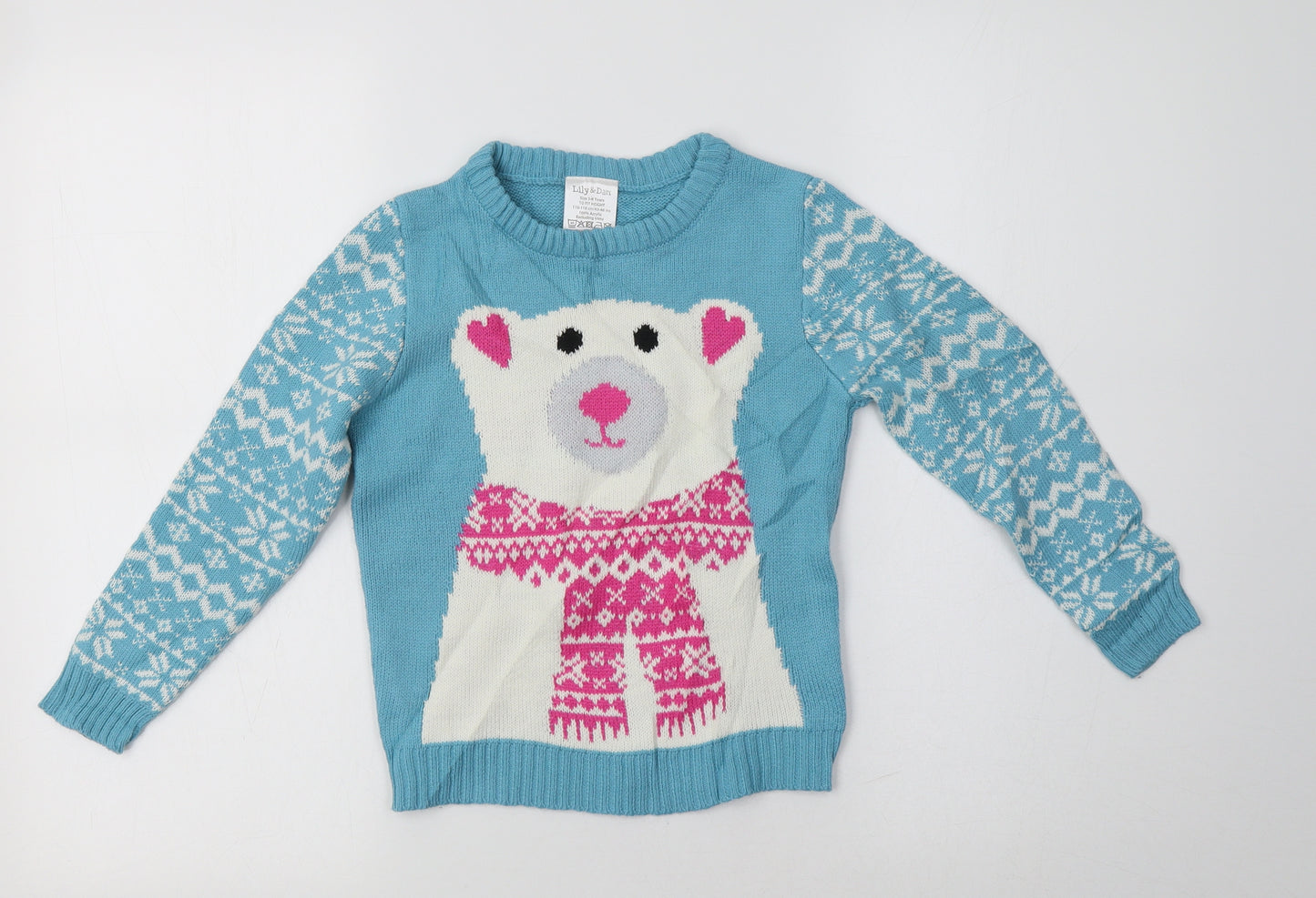 Lily & Dan Girls Blue Crew Neck Fair Isle Acrylic Pullover Jumper Size 5-6 Years   - Polar Bear