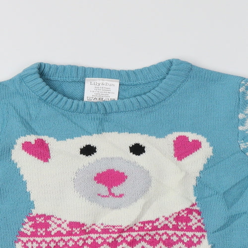 Lily & Dan Girls Blue Crew Neck Fair Isle Acrylic Pullover Jumper Size 5-6 Years   - Polar Bear