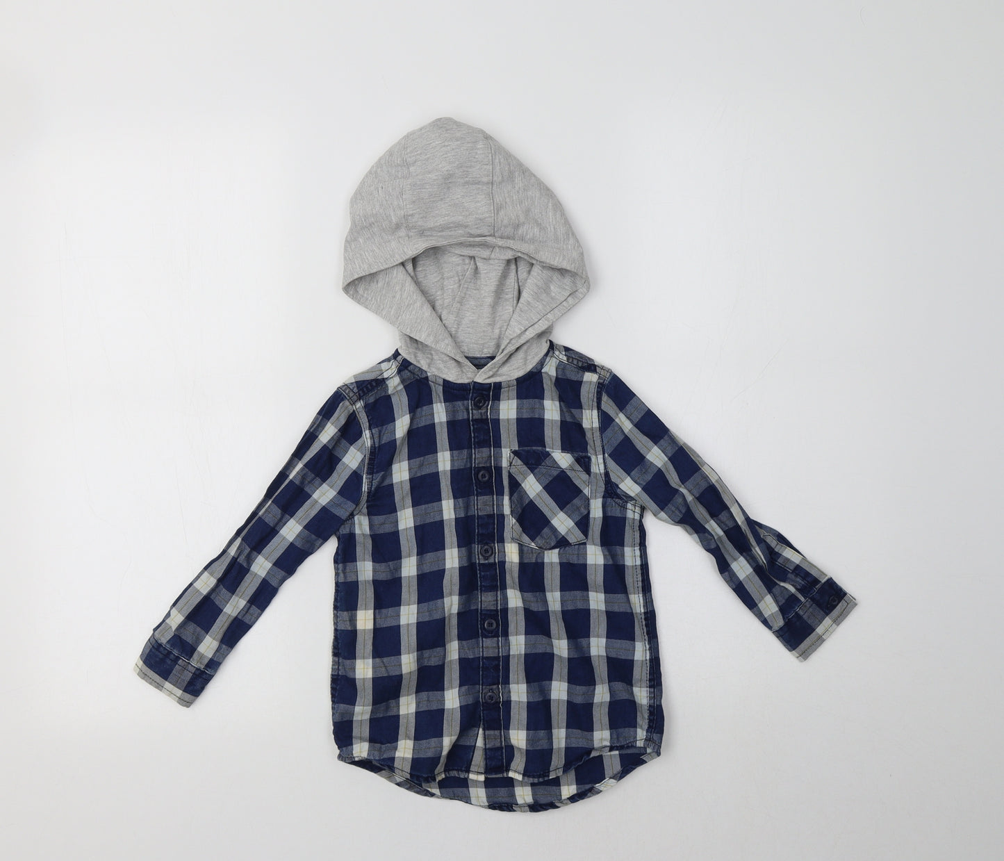 F&F Boys Blue Check Cotton Basic Button-Up Size 3-4 Years High Neck