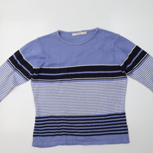 EWM Womens Blue Crew Neck Striped Cotton Pullover Jumper Size M
