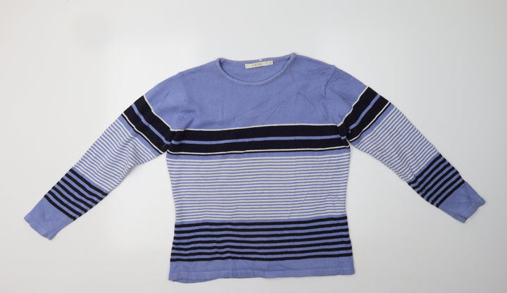 EWM Womens Blue Crew Neck Striped Cotton Pullover Jumper Size M