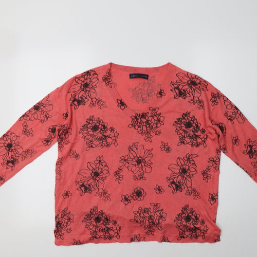 M&S Womens Pink V-Neck Floral Acrylic Pullover Jumper Size M