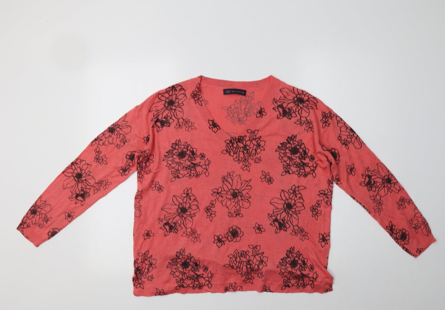 M&S Womens Pink V-Neck Floral Acrylic Pullover Jumper Size M
