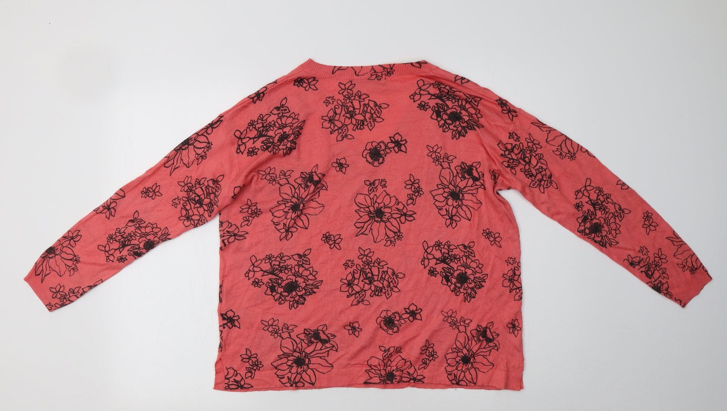 M&S Womens Pink V-Neck Floral Acrylic Pullover Jumper Size M