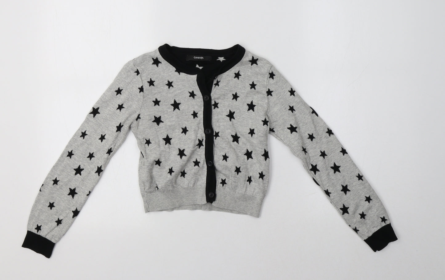 George Girls Grey Crew Neck  Cotton Cardigan Jumper Size 8-9 Years   - Star Print