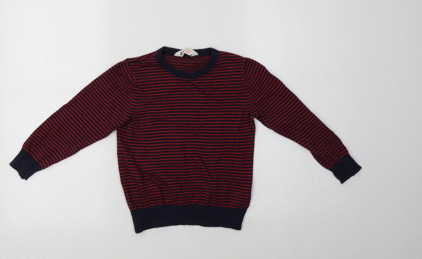 H&M Boys Red Crew Neck Striped Cotton Pullover Jumper Size 5-6 Years