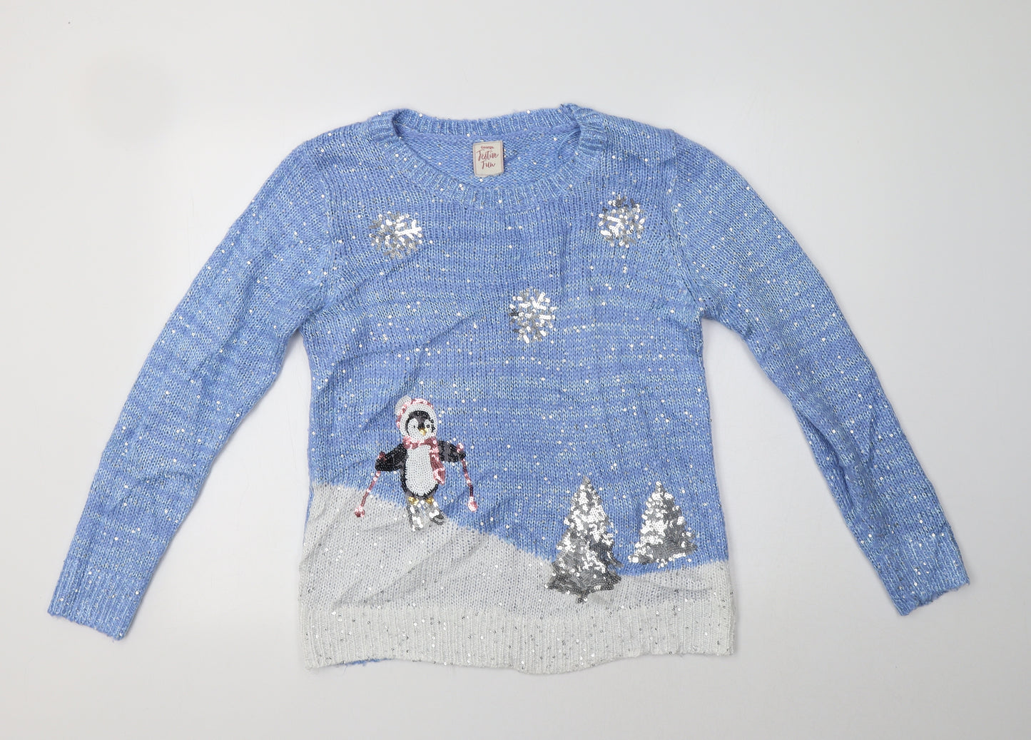 George Womens Blue Crew Neck  Acrylic Henley Jumper Size 12   - Penguin Christmas