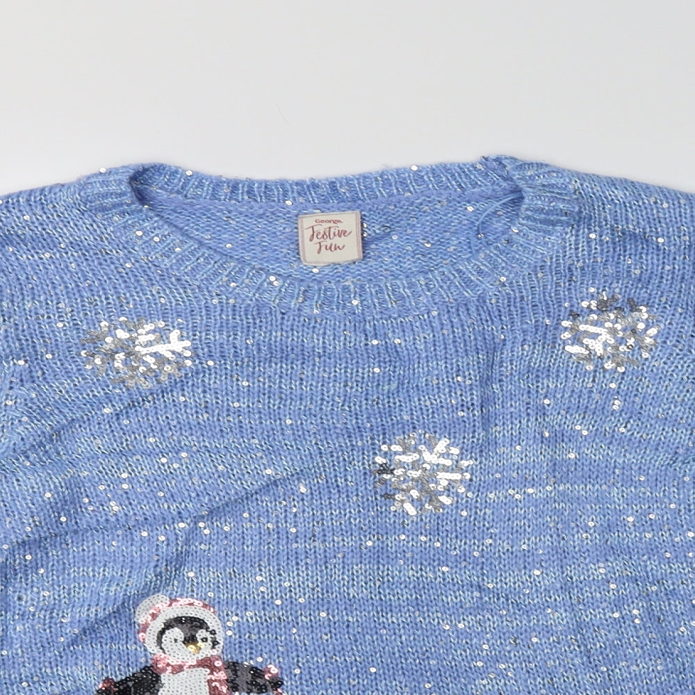 George Womens Blue Crew Neck  Acrylic Henley Jumper Size 12   - Penguin Christmas