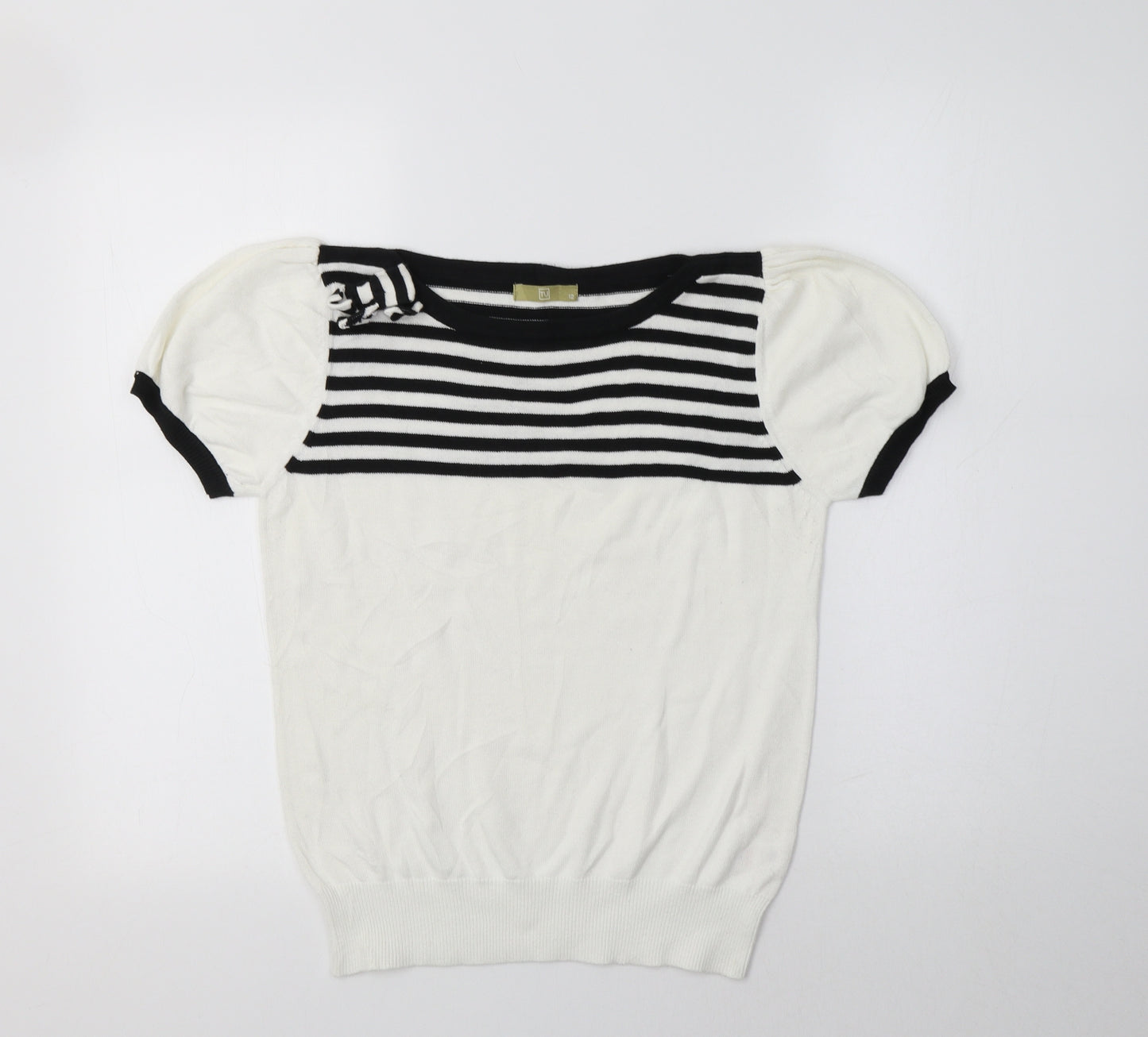 TU Womens White Boat Neck Striped Cotton Pullover Jumper Size 12