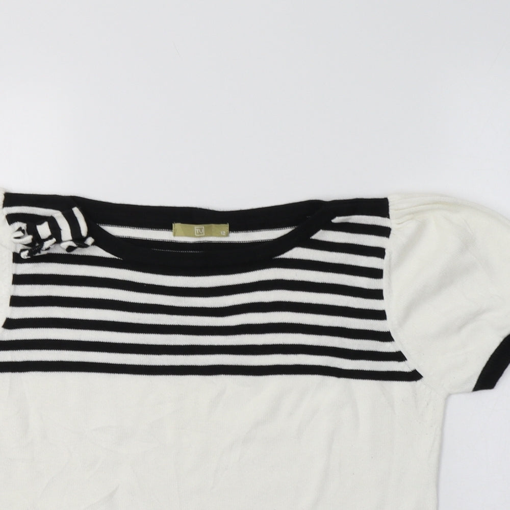 TU Womens White Boat Neck Striped Cotton Pullover Jumper Size 12