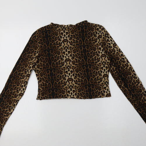 SheIn Womens Brown Animal Print Polyester Cropped Blouse Size M Crew Neck