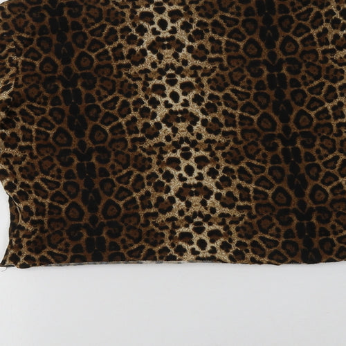 SheIn Womens Brown Animal Print Polyester Cropped Blouse Size M Crew Neck