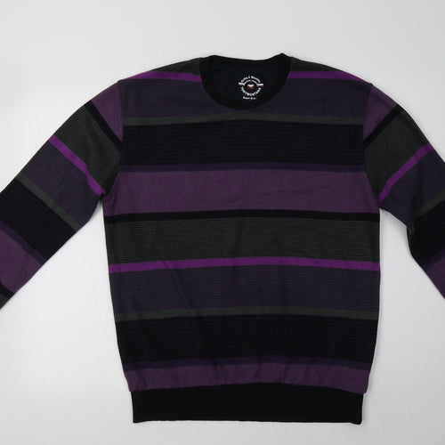 Tony Montana Mens Purple Crew Neck Striped Cotton Pullover Jumper Size L