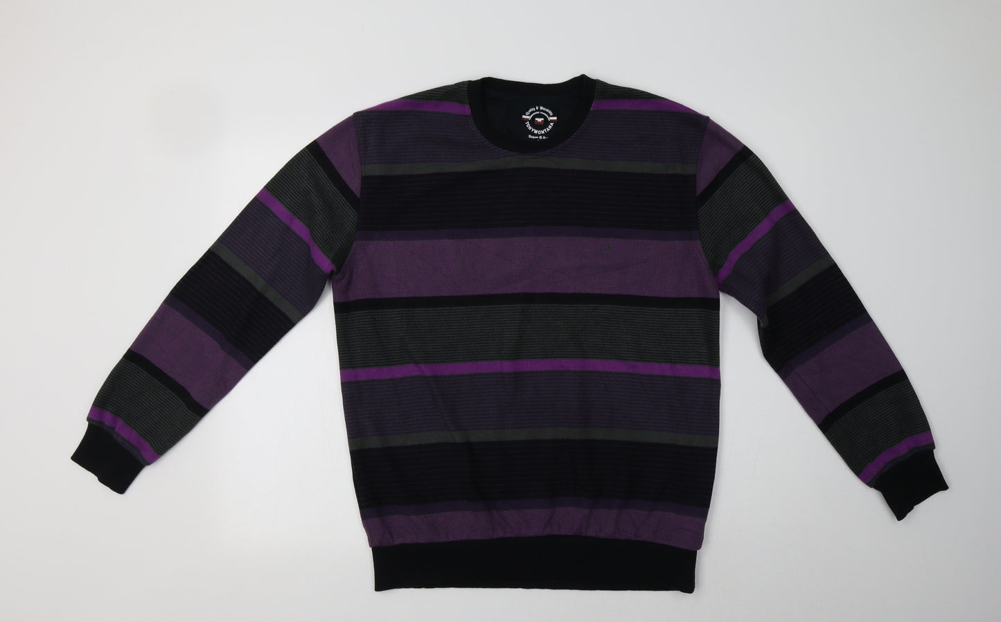 Tony Montana Mens Purple Crew Neck Striped Cotton Pullover Jumper Size L