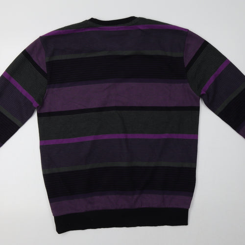 Tony Montana Mens Purple Crew Neck Striped Cotton Pullover Jumper Size L
