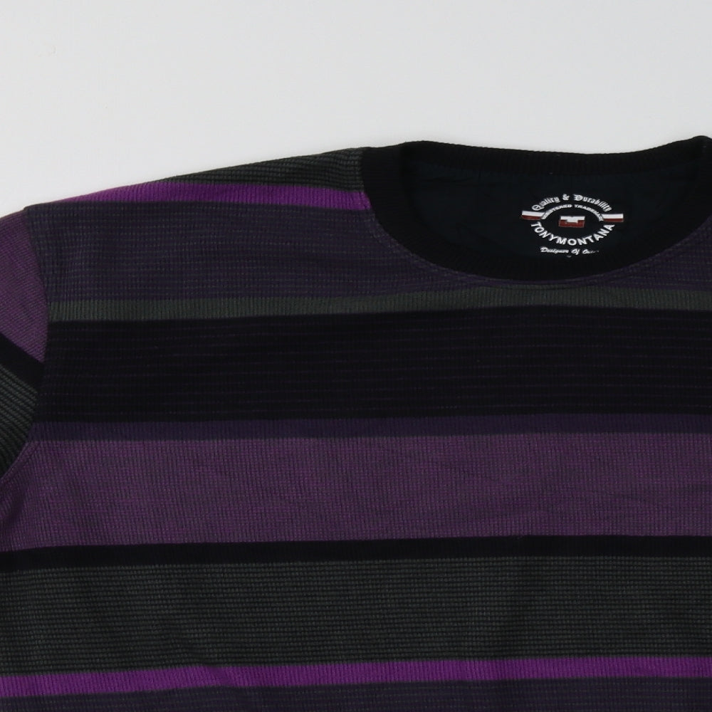 Tony Montana Mens Purple Crew Neck Striped Cotton Pullover Jumper Size L