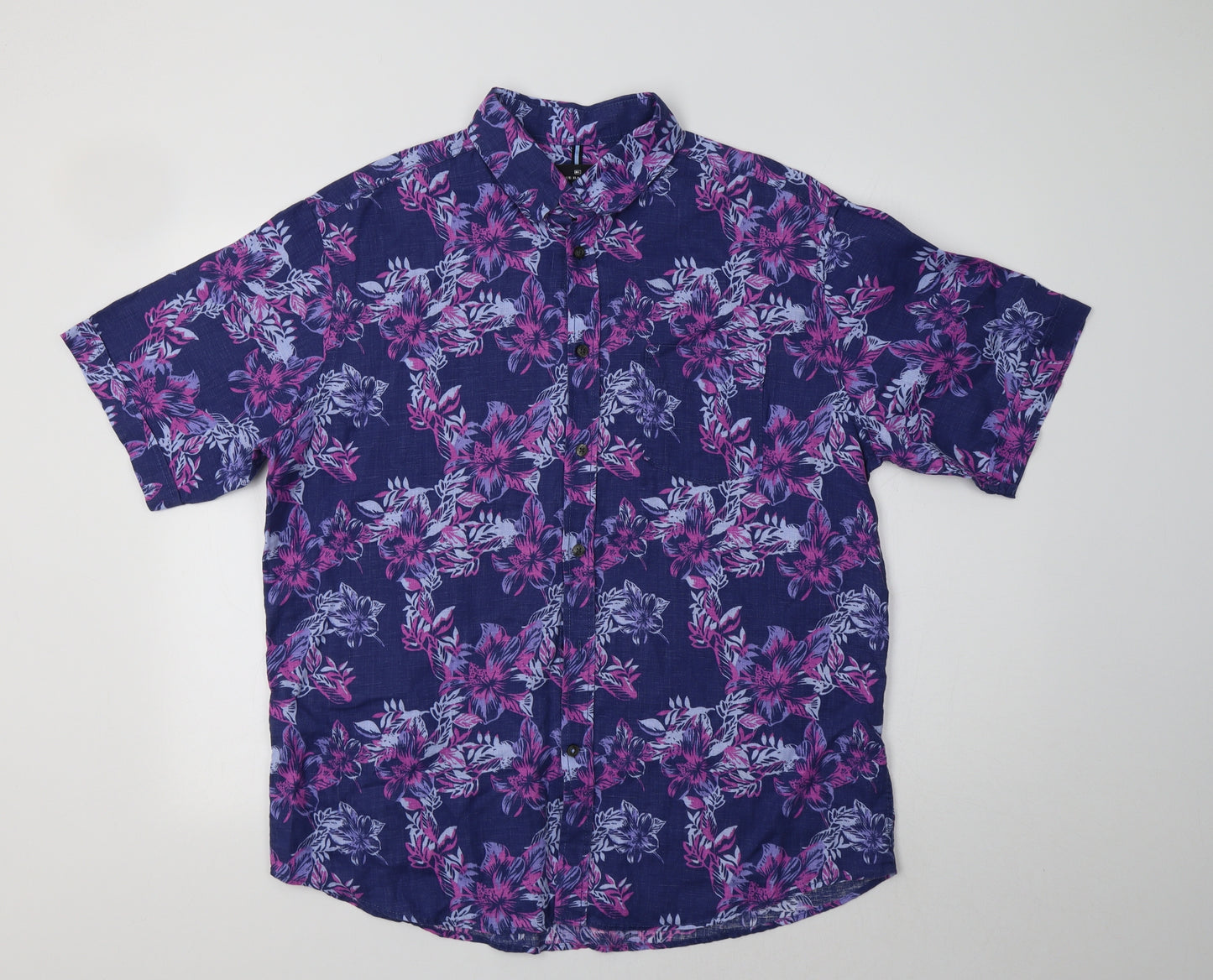 M&S Mens Purple Floral Linen  Button-Up Size L Collared