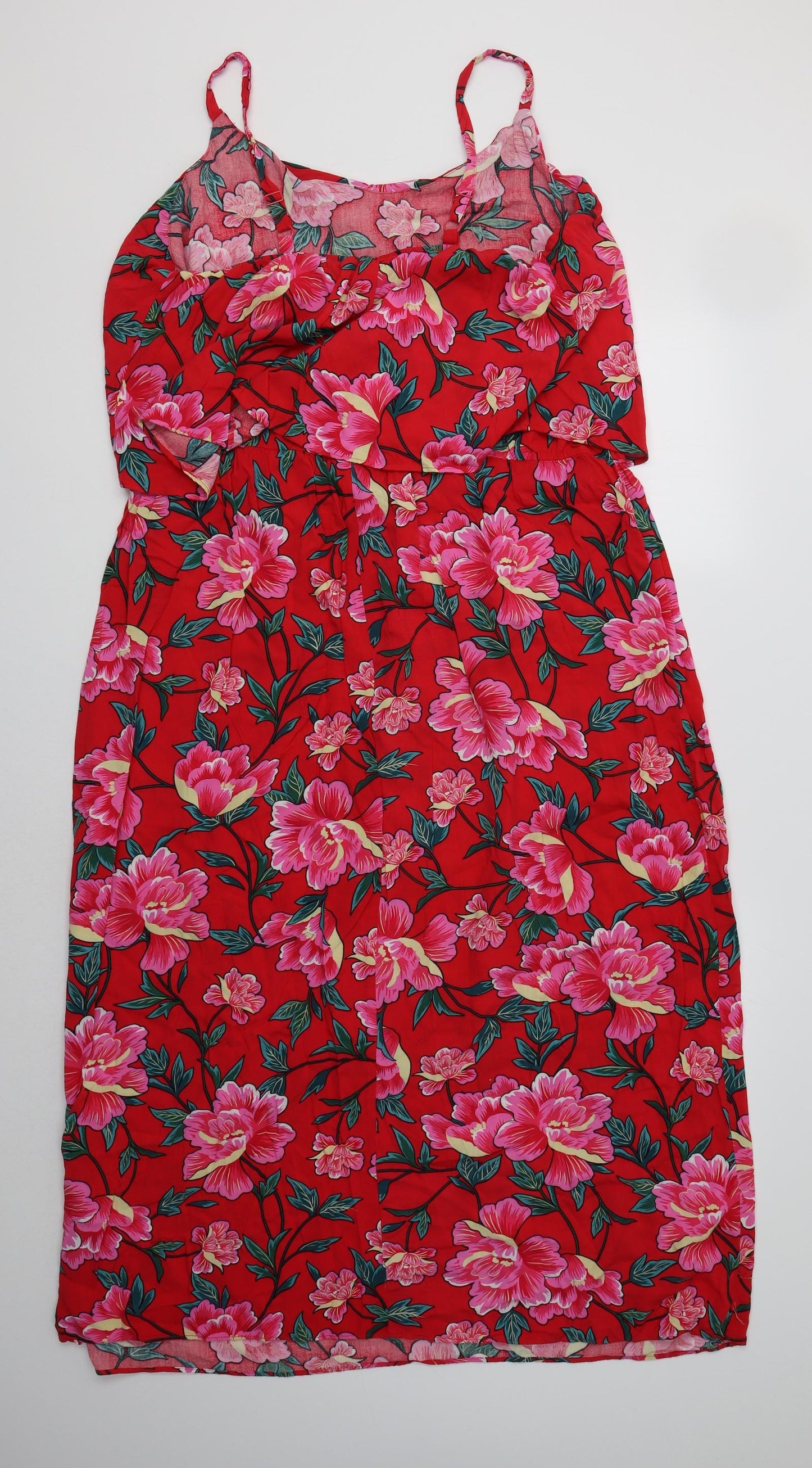 Capsule Womens Red Floral Viscose Slip Dress  Size 24 Square Neck