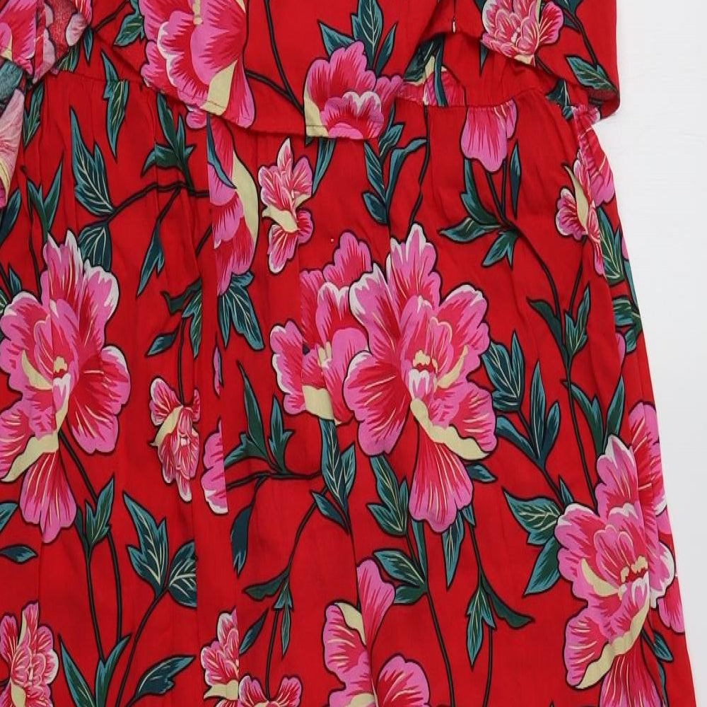Capsule Womens Red Floral Viscose Slip Dress  Size 24 Square Neck
