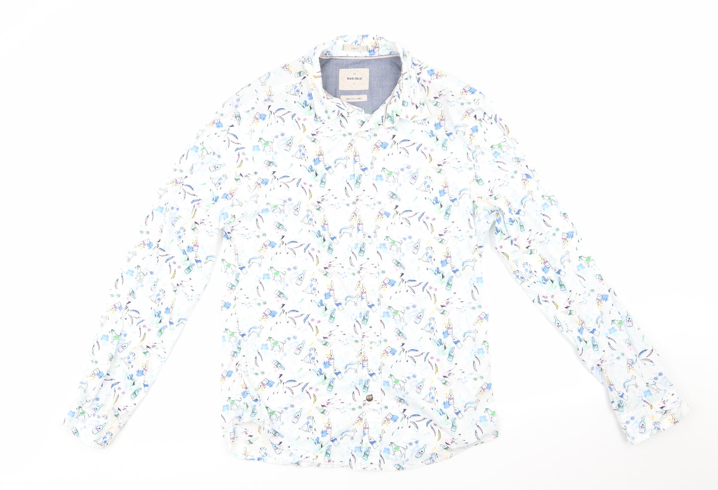 White Stuff Mens White Animal Print Cotton  Button-Up Size S Collared  - Gin Bottle Dog Chili print
