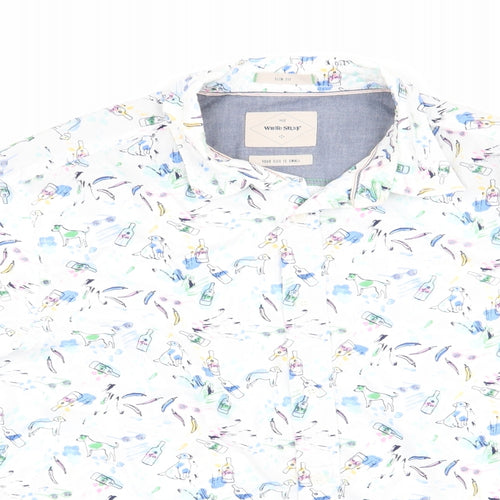 White Stuff Mens White Animal Print Cotton  Button-Up Size S Collared  - Gin Bottle Dog Chili print