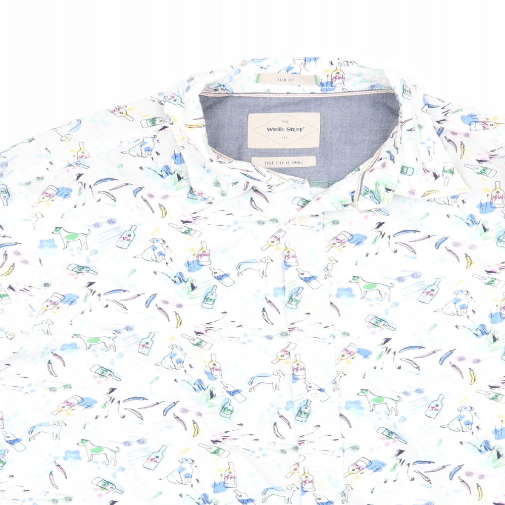 White Stuff Mens White Animal Print Cotton  Button-Up Size S Collared  - Gin Bottle Dog Chili print