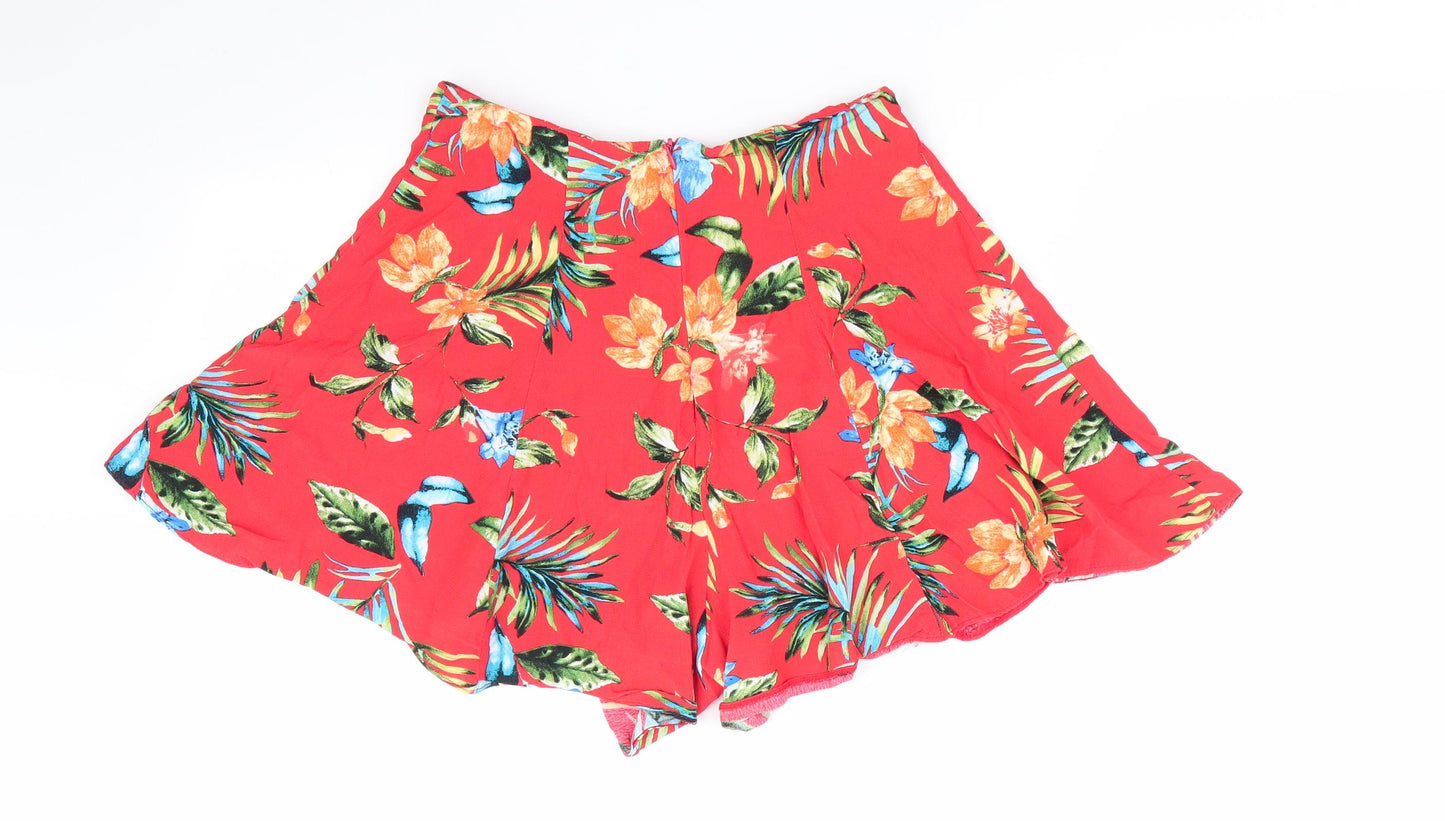 New Look Womens Orange Floral Viscose Paperbag Shorts Size 10 L4 in Regular Zip - Orange Blue Green Print