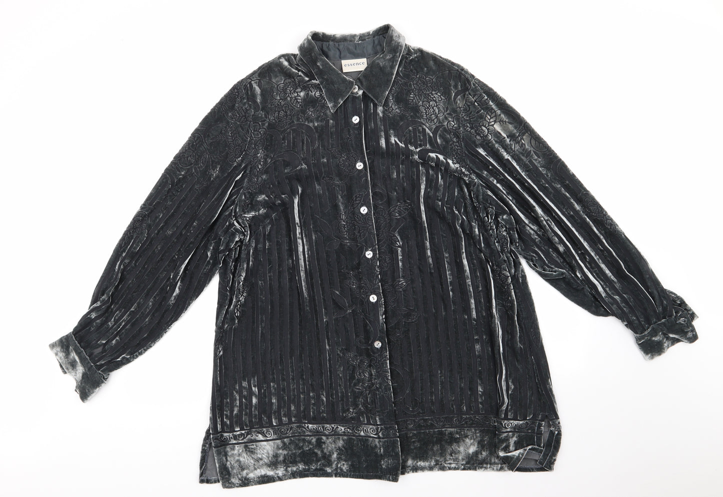 essence Womens Green Striped  Basic Button-Up  Collared - Subtle Grey Shimmer Sheer Stripes Floral & Stripes