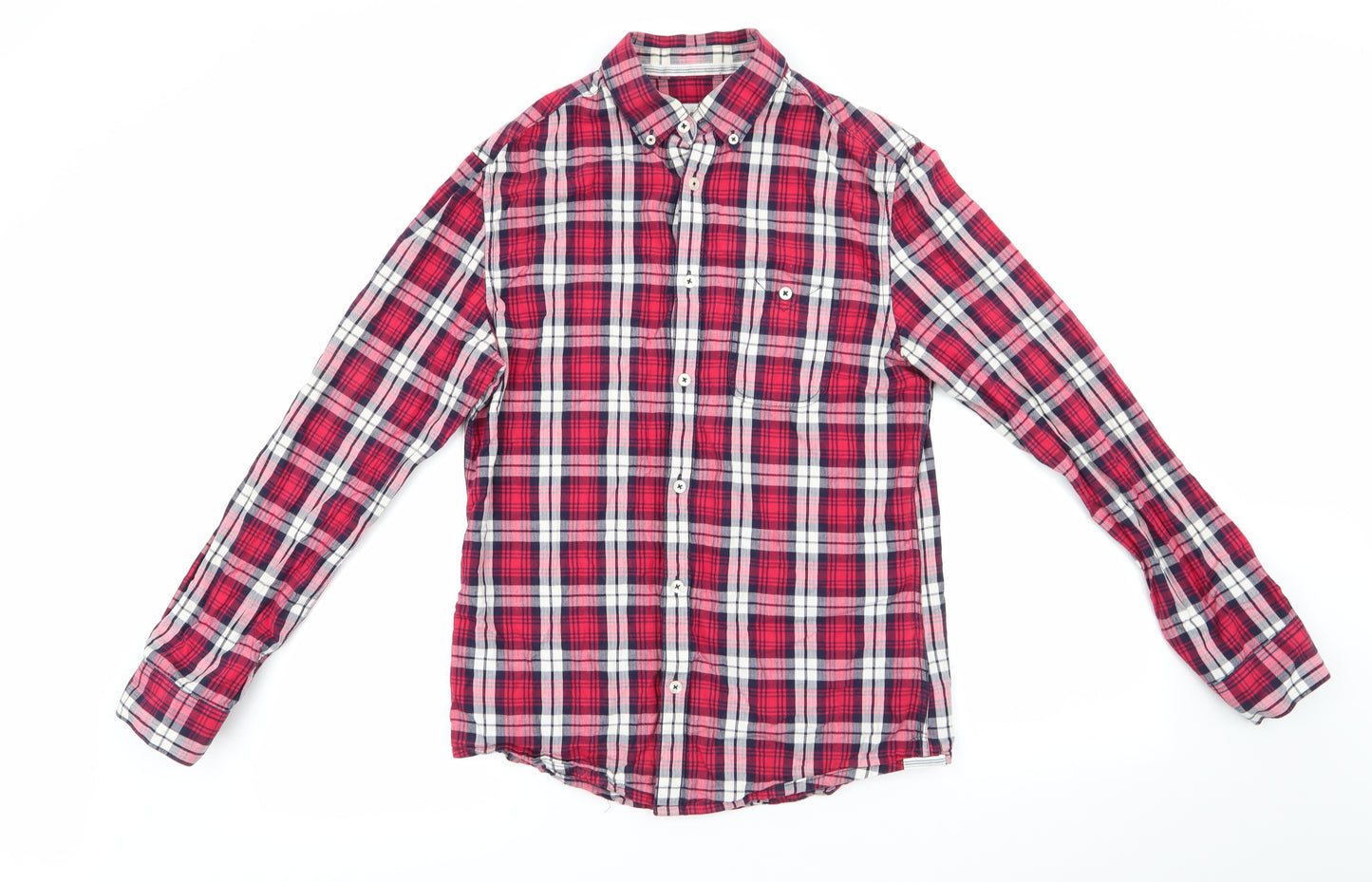 Burtons Menswear Mens Red Check Cotton  Button-Up Size S Collared  - Red Blue White Check Buttoned Collar