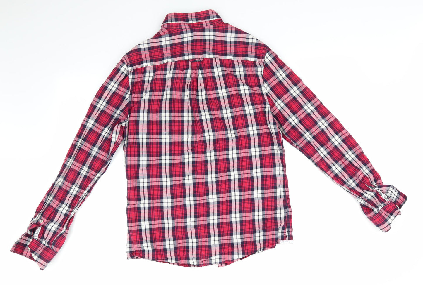 Burtons Menswear Mens Red Check Cotton  Button-Up Size S Collared  - Red Blue White Check Buttoned Collar