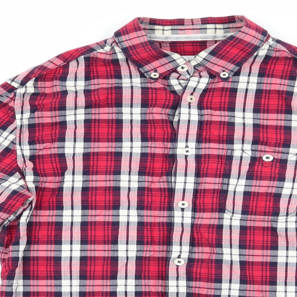 Burtons Menswear Mens Red Check Cotton  Button-Up Size S Collared  - Red Blue White Check Buttoned Collar