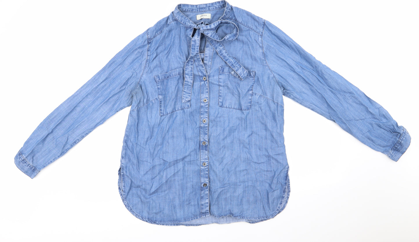 Papaya Womens Blue  Lyocell Basic Button-Up Size 14  - Mandarin Collar Soft feel Denim Look Neck Tie