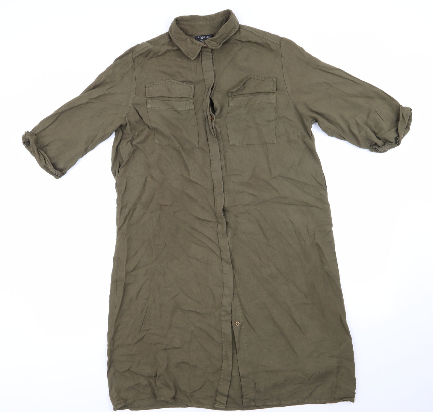 Top Shop Womens Green  Viscose Shirt Dress  Size 12 Collared  - Olive Green