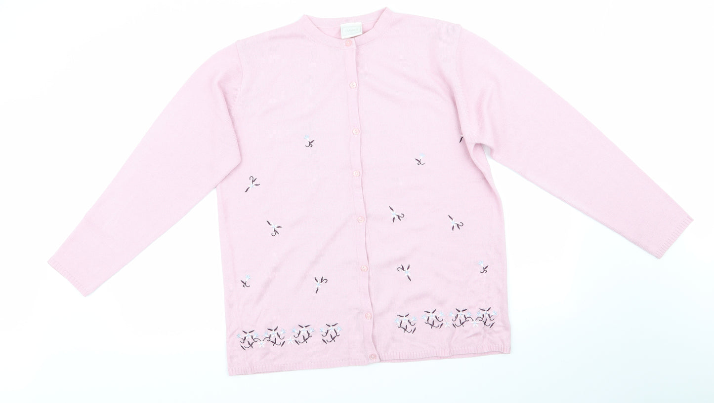 Classics Womens Pink Round Neck Floral Acrylic Cardigan Jumper Size 12   - Blue Burgandy Flowers