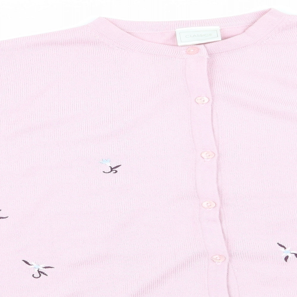 Classics Womens Pink Round Neck Floral Acrylic Cardigan Jumper Size 12   - Blue Burgandy Flowers