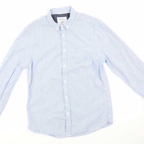 Burtons Menswear Mens Blue Striped Cotton  Button-Up Size M Collared  - Fine Blue Stripe Buttoned Collar