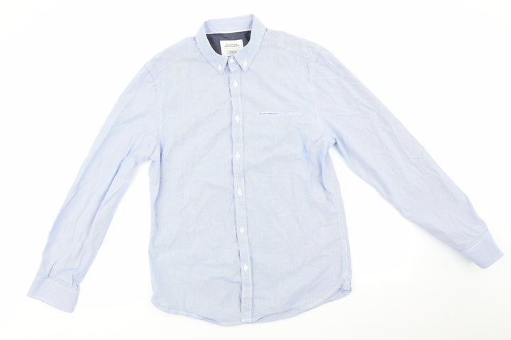 Burtons Menswear Mens Blue Striped Cotton Button-Up Size M Collared - Fine Blue Stripe Buttoned Collar
