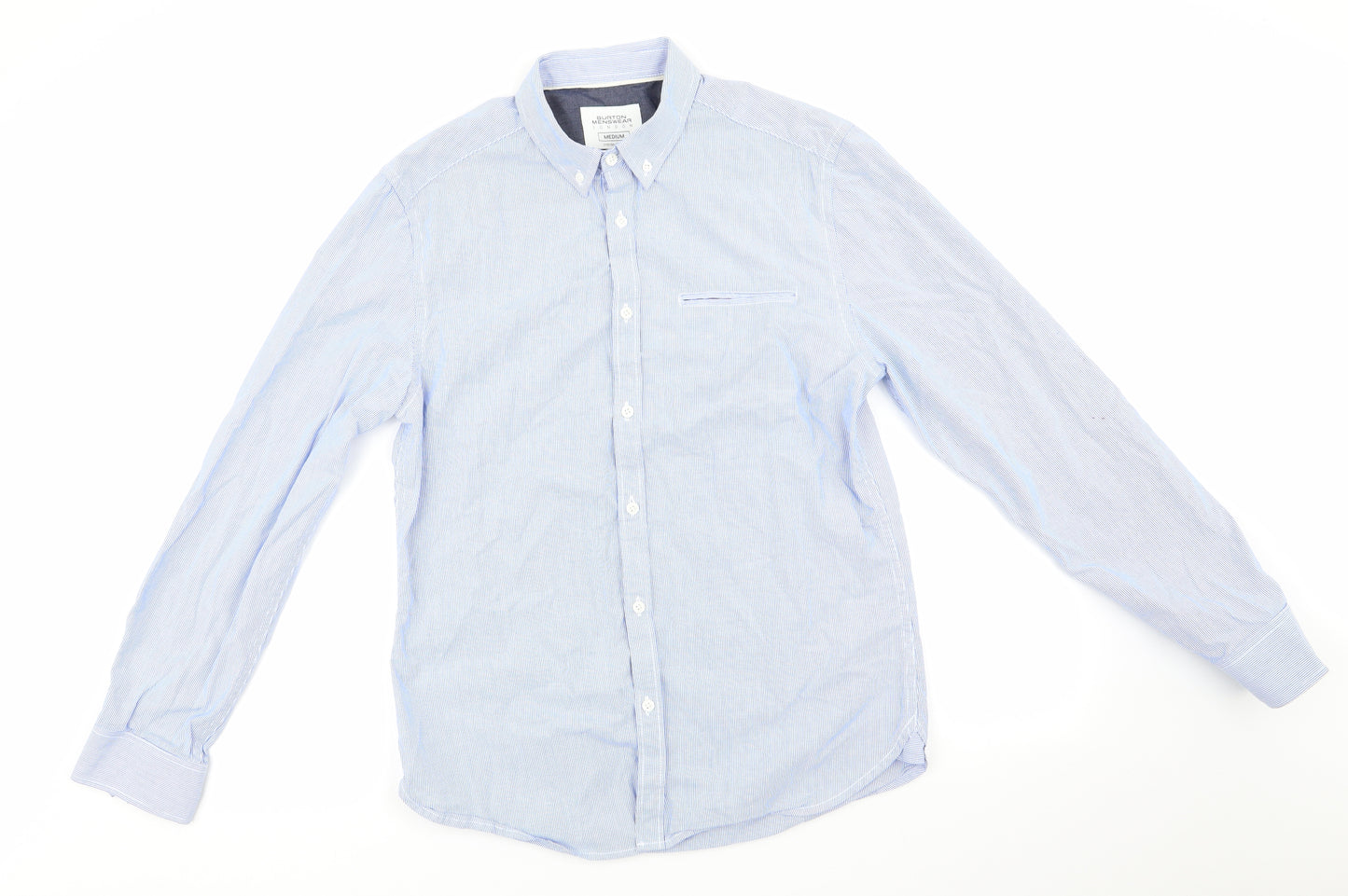 Burtons Menswear Mens Blue Striped Cotton  Button-Up Size M Collared  - Fine Blue Stripe Buttoned Collar