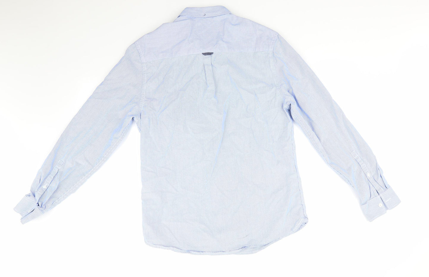 Burtons Menswear Mens Blue Striped Cotton  Button-Up Size M Collared  - Fine Blue Stripe Buttoned Collar