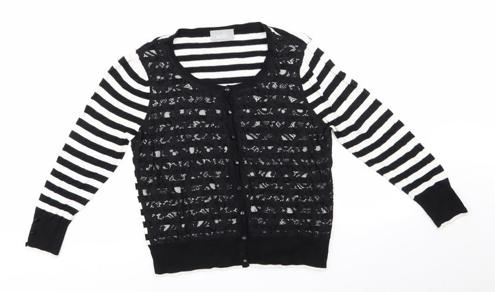 Wallis Womens Black Round Neck Striped Viscose Pullover Jumper Size 14   - Lace Overlay Front