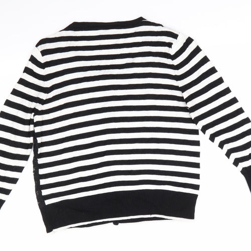 Wallis Womens Black Round Neck Striped Viscose Pullover Jumper Size 14   - Lace Overlay Front