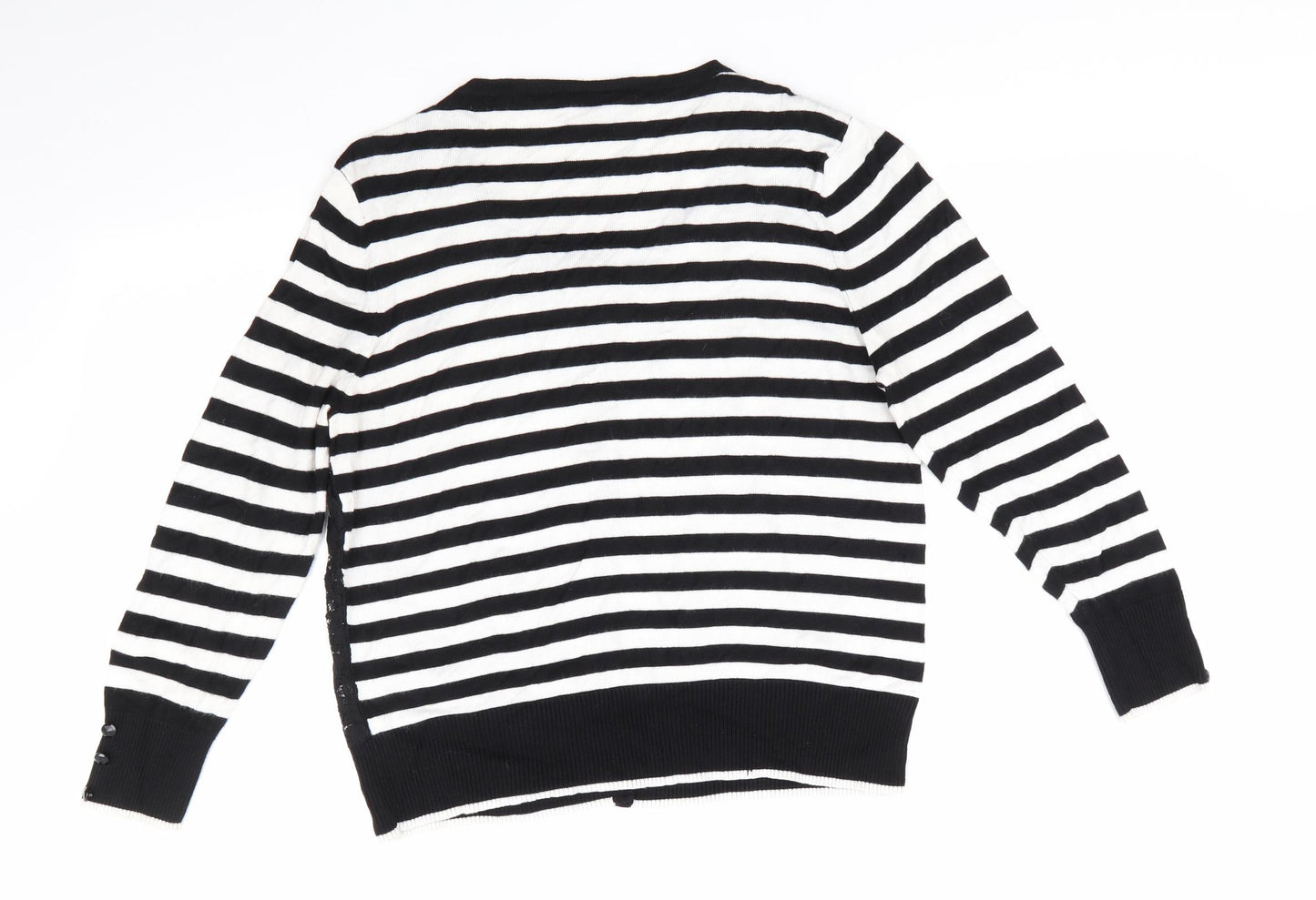 Wallis Womens Black Round Neck Striped Viscose Pullover Jumper Size 14   - Lace Overlay Front