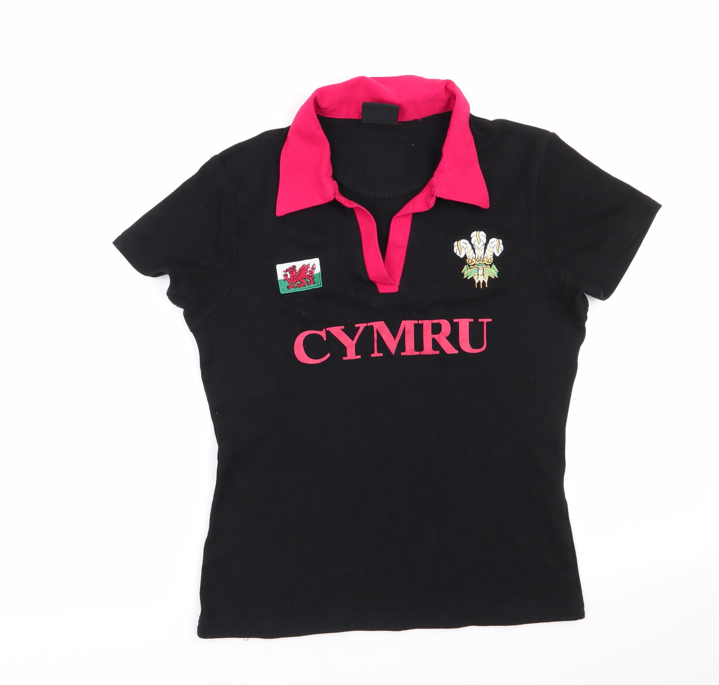 Manav Womens Black  Cotton Basic T-Shirt Size 12 Collared - Cymru Wales Red Collar